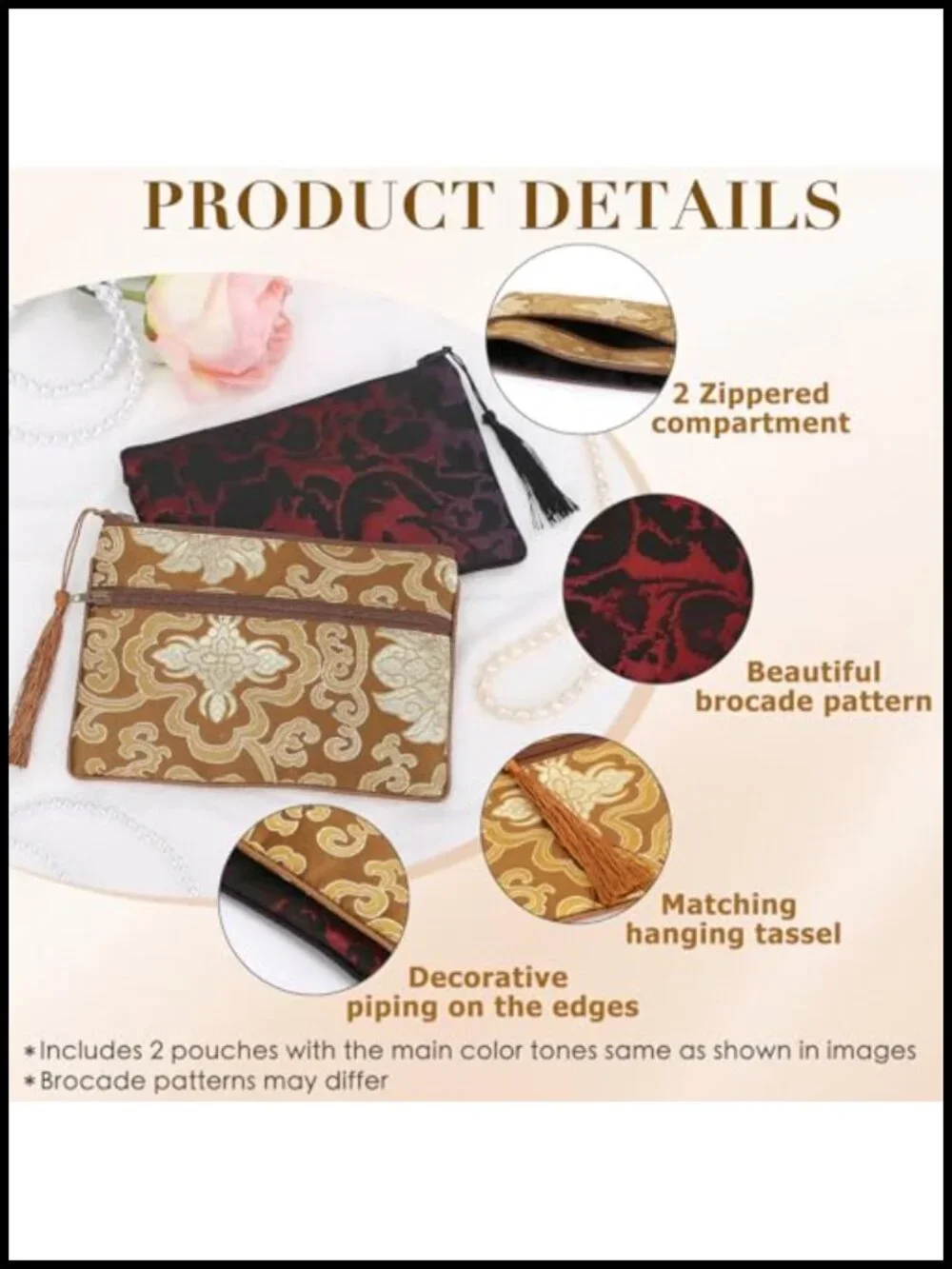 2-Piece Chinese Silk Brocade Jewelry Bags with Zipper Compartments, Tassel Gift